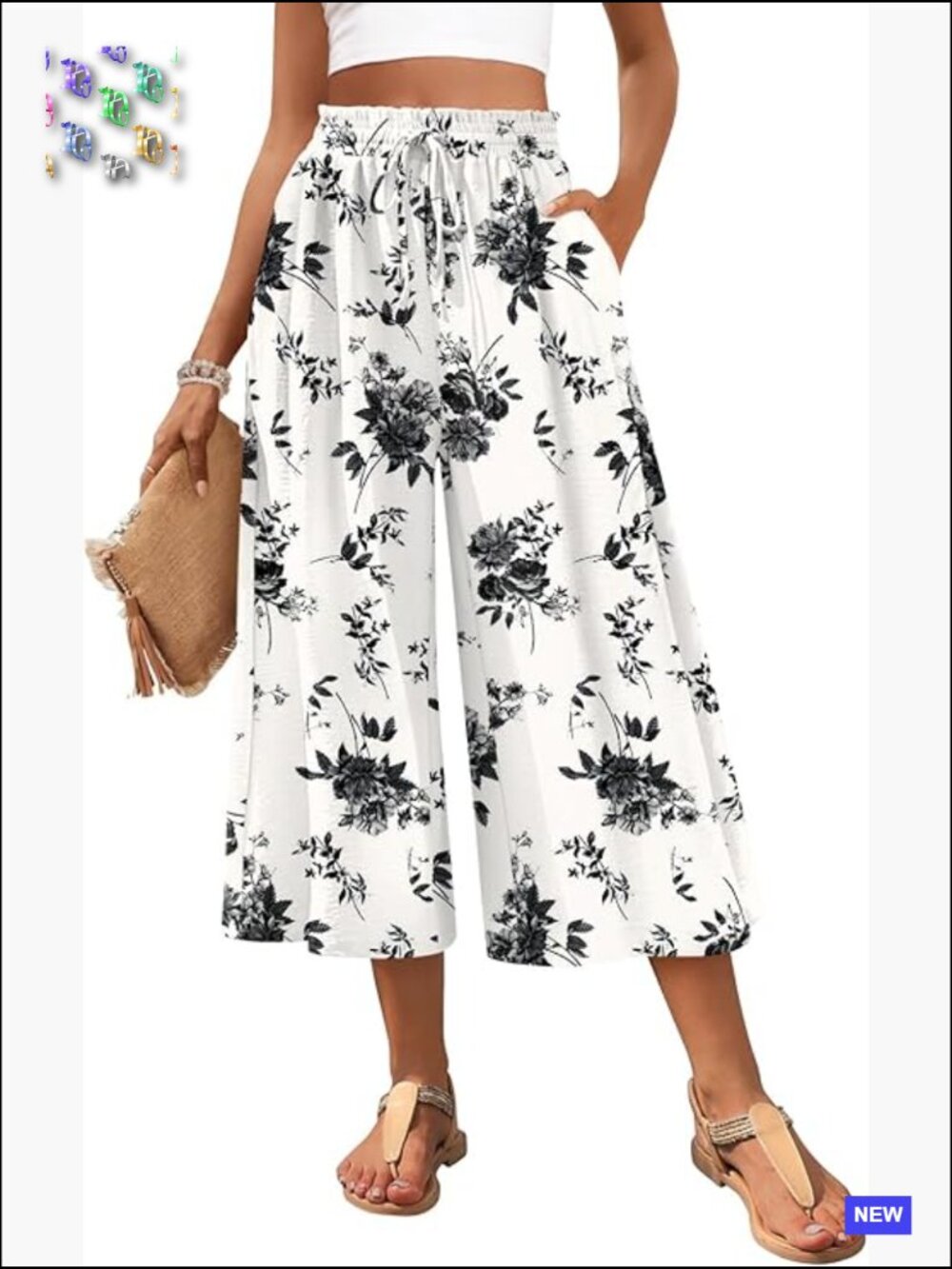 Wide Leg Palazzo Capri Pants Drawstring Elastic Waist Pockets Flowy Gaucho